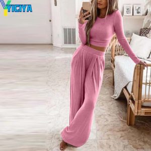 YICIYA Women's Tracksuit Solid Basic Women T-shirt And Wide Leg Pants
